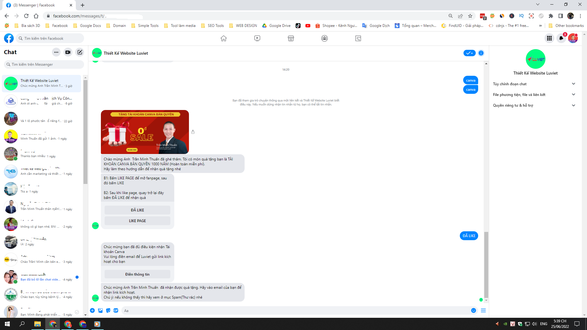 Like trang và gõ từ khóa canva vào ô chat nhé